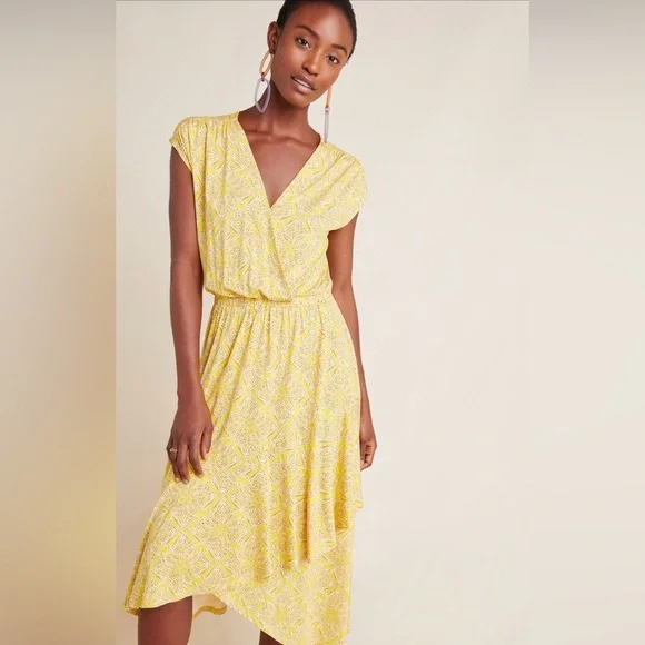 Anthropologie Maeve Fete Yellow Midi Dress Size M V-Neck Handkerchief Hem - Picture 3 of 8